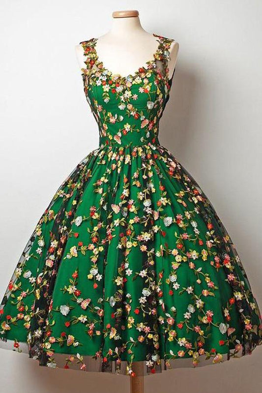Robe de soirée trapèze verte sans manches, longueur genou, en dentelle, avec appliques, M1742