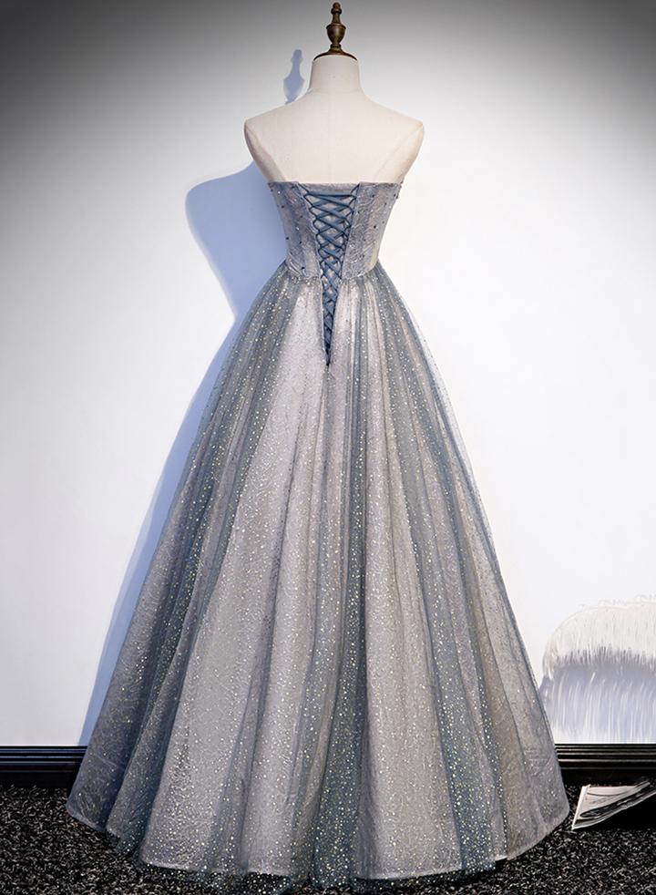 Robe de soirée longue en tulle gris avec perles M2258