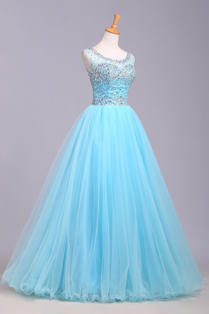 Robe de bal bleue en tulle sans manches avec paillettes, longueur au sol, bouffante, M1505