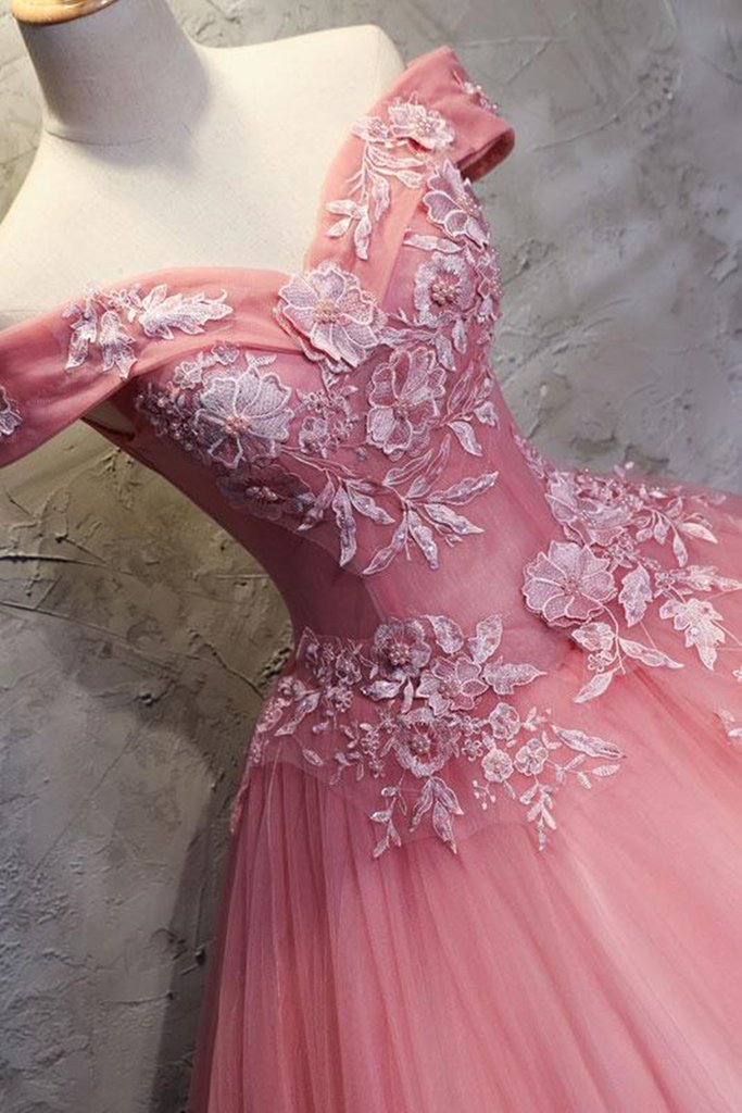 Gorgeous Off the Shoulder Pink Lace Appliques Long Prom Dress, Off Shoulder Pink Formal Dress, Pink Evening Dress, Ball Gown M2819