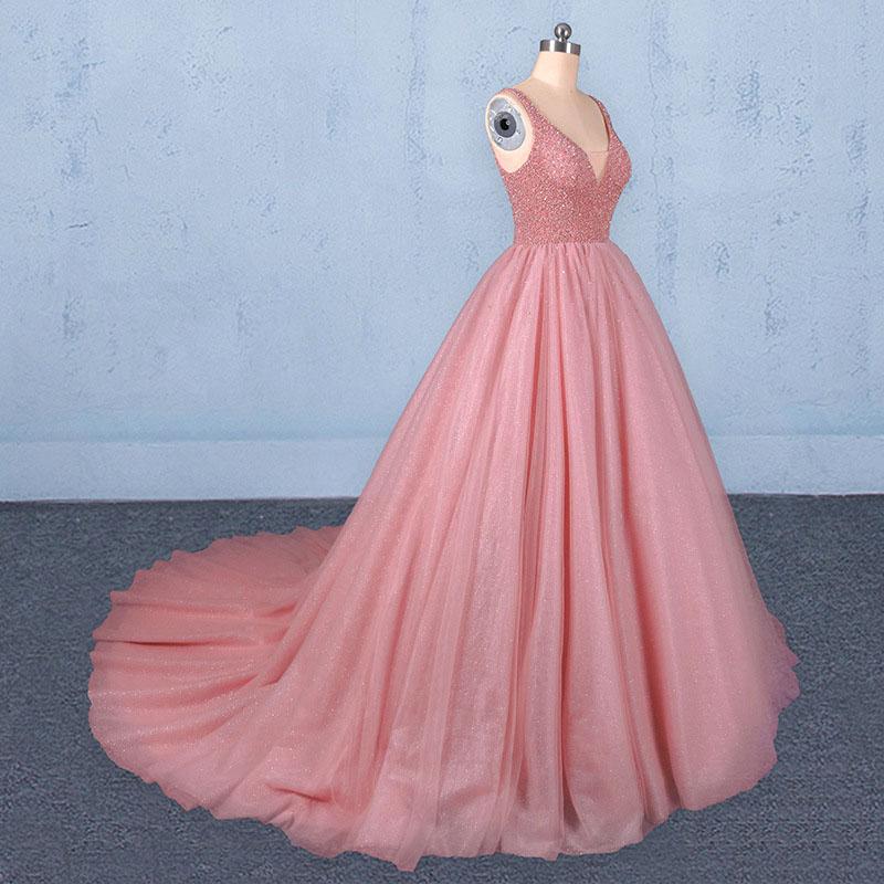 Robe de bal en tulle à col en V et perles, robe de Quinceanera bouffante sans manches M1850
