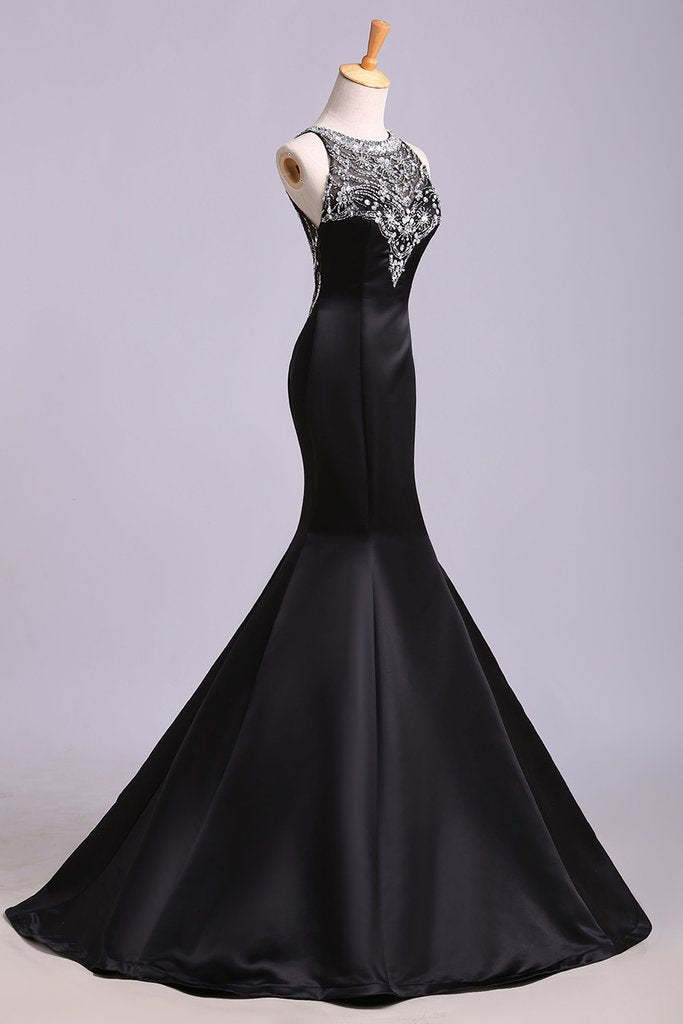Black Mermaid Sleeveless Beaded Satin Prom Dress, Long Evening Dresses M1507