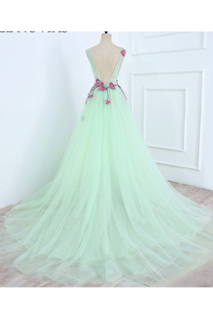 Robe de soirée trapèze en tulle vert menthe sans manches avec applications, longue robe de bal en tulle M1622
