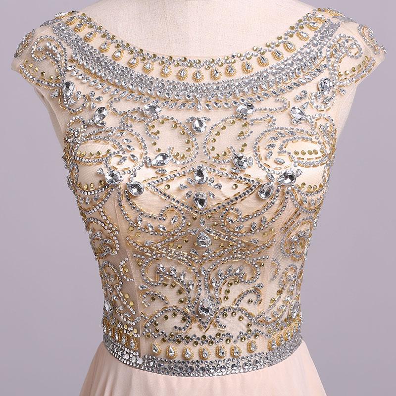 A Line Floor Length Scoop Chiffon Prom Dress, Beading Long Evening Dresses M1508