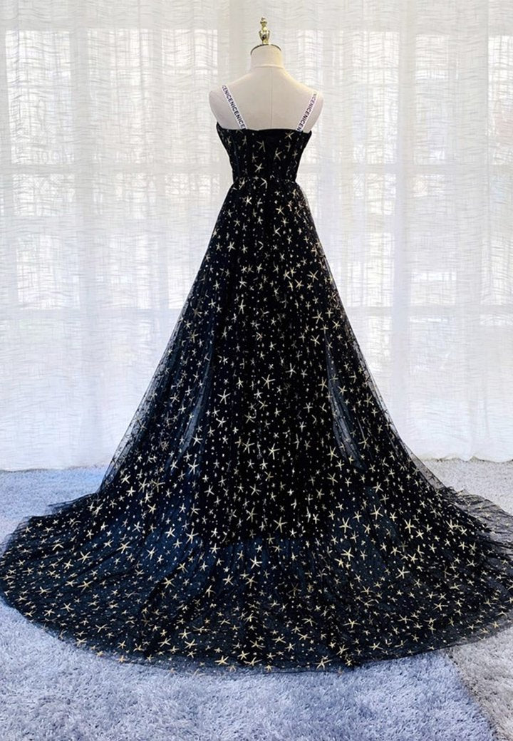 Black tulle long prom dress black evening dress M668