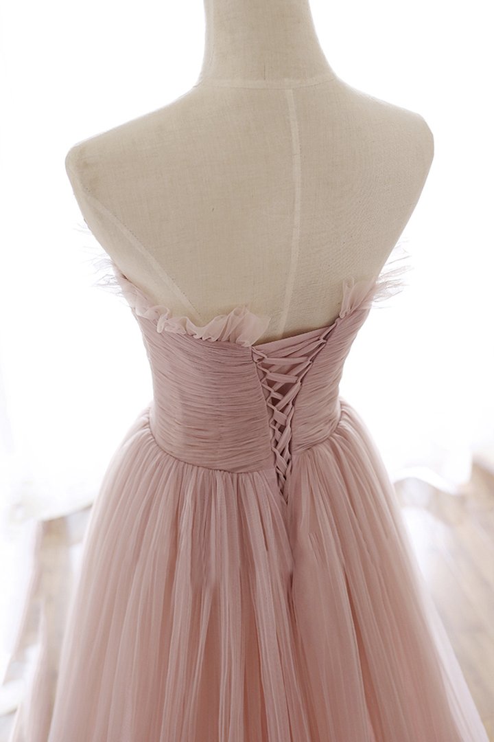 Robe de soirée longue en tulle rose, coupe trapèze, M2216