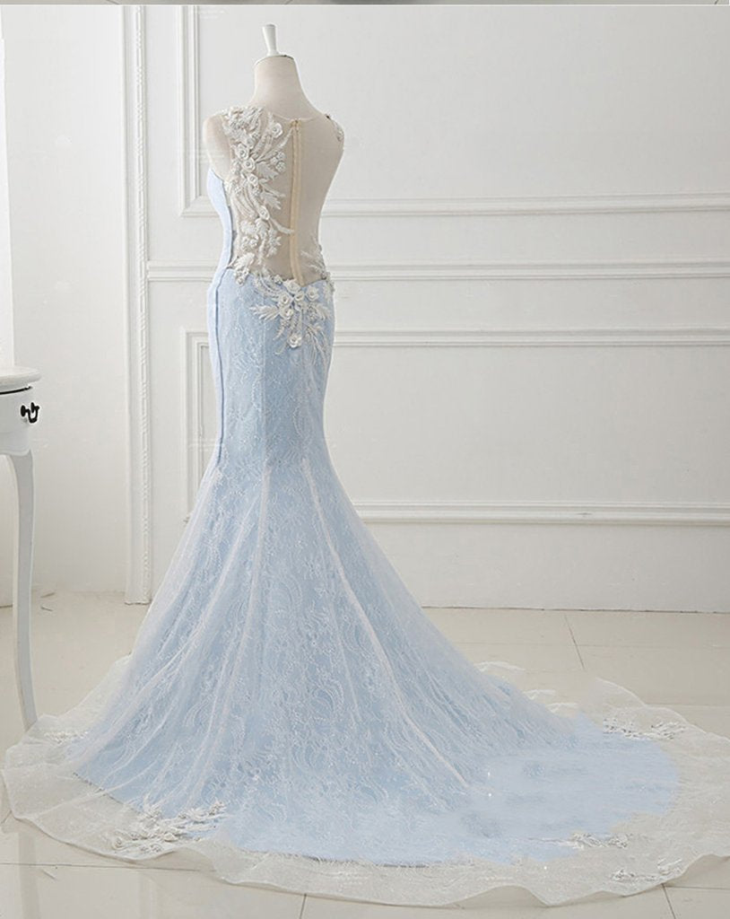Baby Blue Sweep Train Lace Mermaid Evening Dresses, Formal Dress With Applique M1628