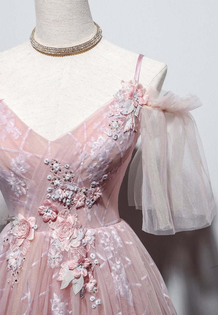 Pink v neck tulle long prom dress pink evening dress M603