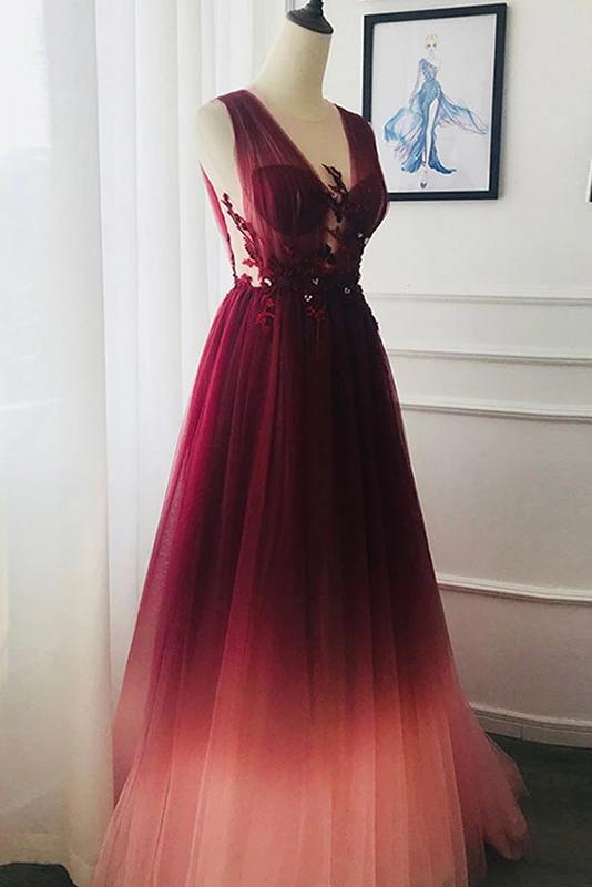 A Line V Neck Tulle Ombre Prom Dress, Cheap Appliqued Party Dresses M1880