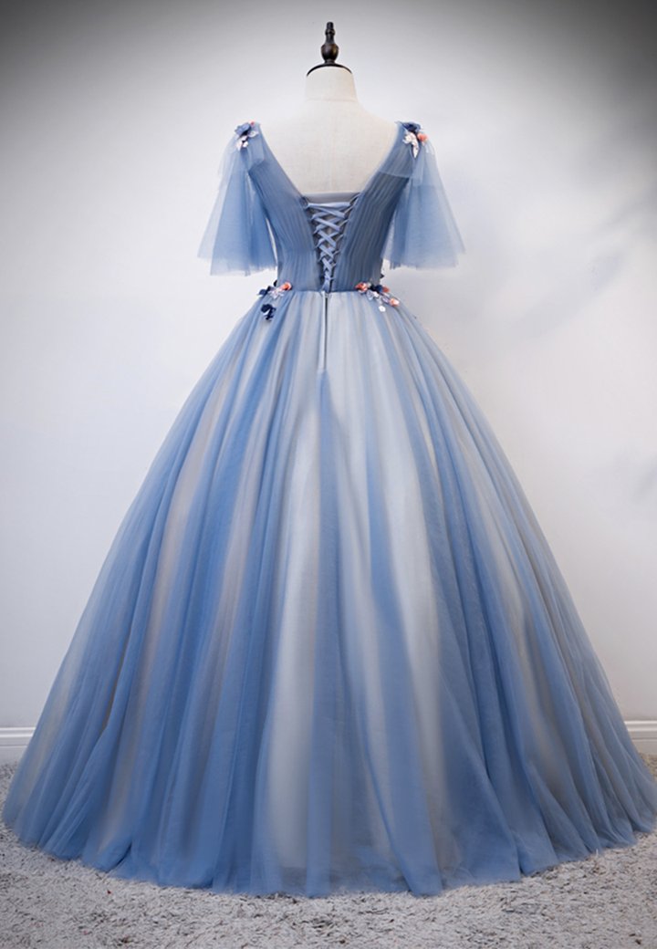 Blue tulle long ball gown dress A line evening dress M621