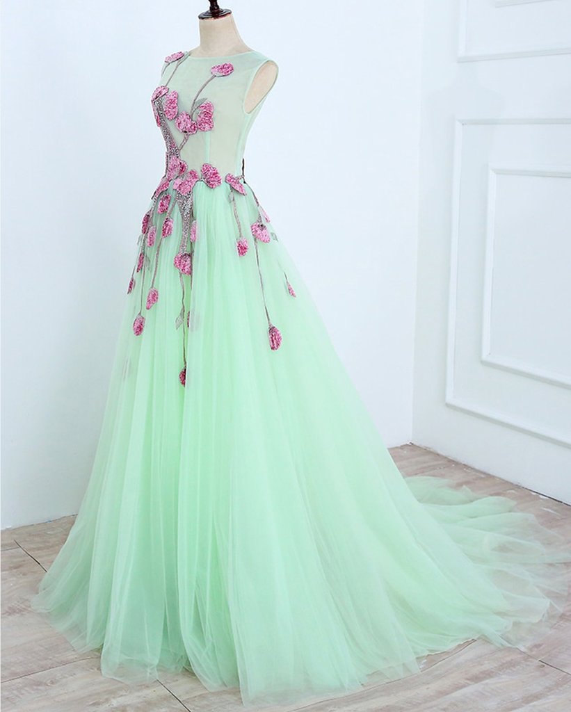 Robe de soirée trapèze en tulle vert menthe sans manches avec applications, longue robe de bal en tulle M1622
