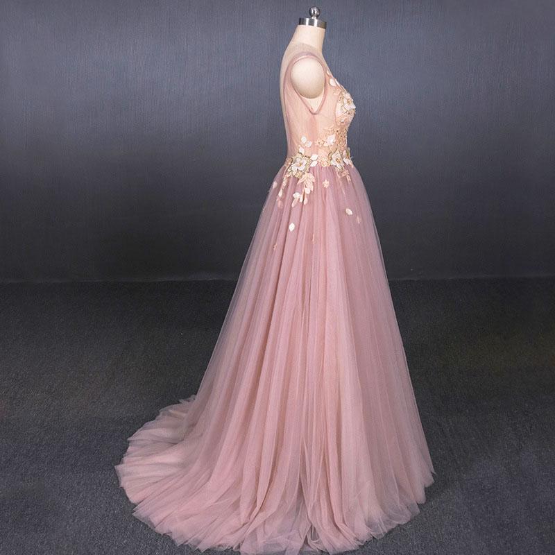 Pink V Neck Sleeveless Tulle Prom Dress with Appliques, A Line Tulle Evening Dress M1854