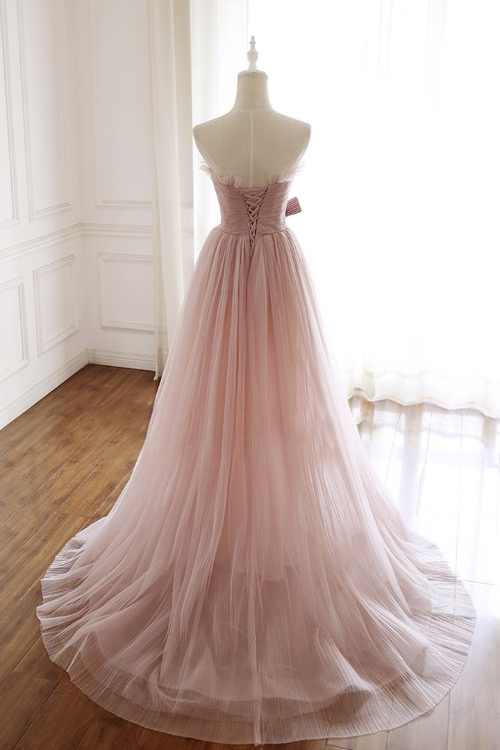 Robe de soirée longue en tulle rose, coupe trapèze, M2216