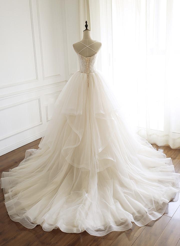 Robe de bal longue en tulle et dentelle champagne M2365