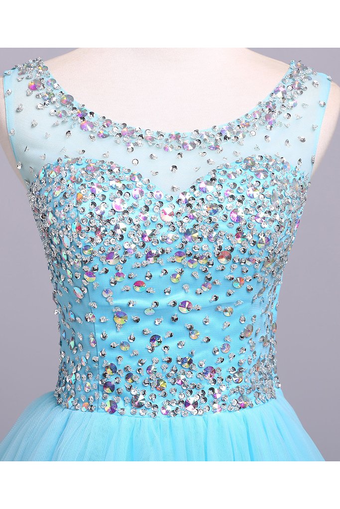 Robe de bal bleue en tulle sans manches avec paillettes, longueur au sol, bouffante, M1505