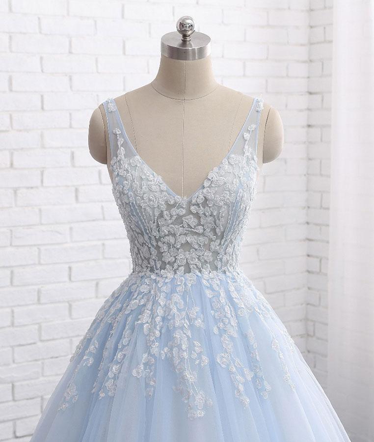 Robe de bal longue en tulle et dentelle bleue à col en V, robe de soirée bleue M4854