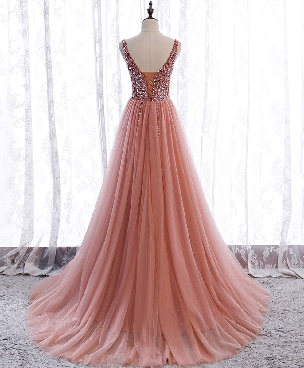 Robe de bal longue rose à col en V et paillettes en tulle, robe de soirée rose M4932