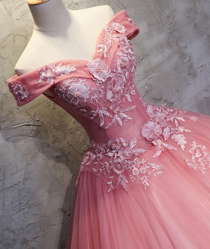 Pink sweetheart tulle lace applique long prom gown, sweet 16 dress M4808