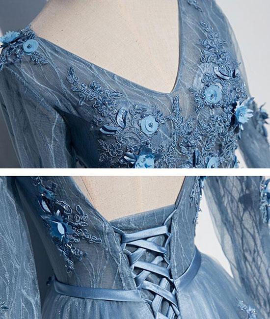 Robe de soirée longue en tulle et dentelle bleue à col en V, robe de soirée en tulle M4879