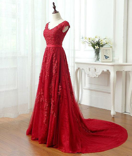 Robe de bal longue en tulle bordeaux avec appliques en dentelle, robe de soirée bordeaux M4842