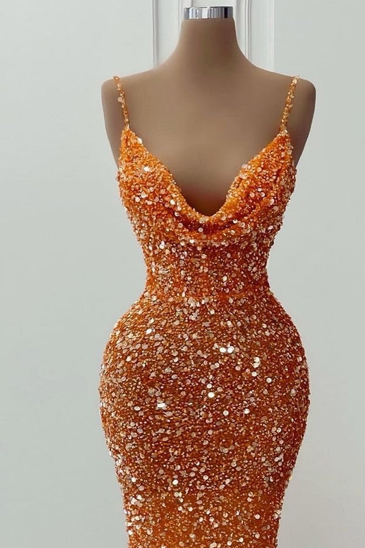 Superbe robe de soirée orange à bretelles spaghetti, col en V, paillettes, style sirène, sans manches, CD25469