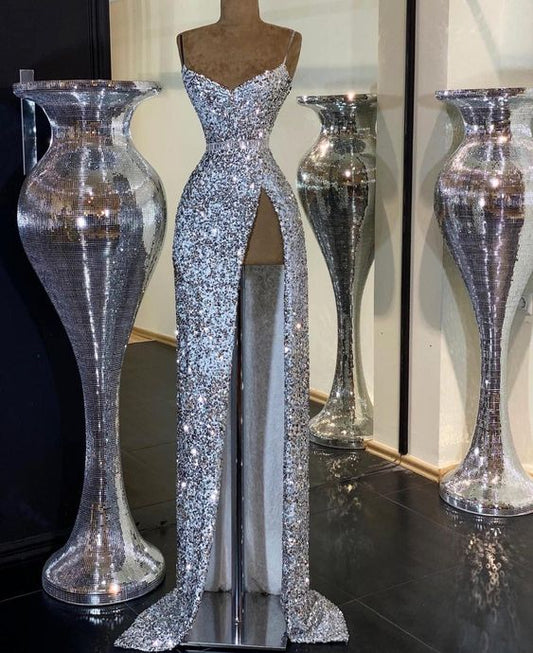 Robe de bal longue à paillettes argentées, WD6703