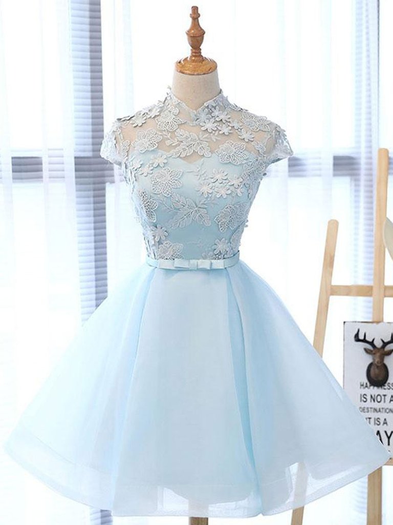 Robe de bal courte en dentelle bleue à col montant, robe de remise de diplôme courte en dentelle bleue M2482