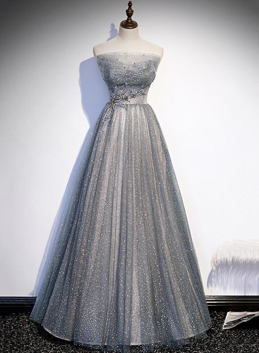 Robe de soirée longue en tulle gris avec perles M2258