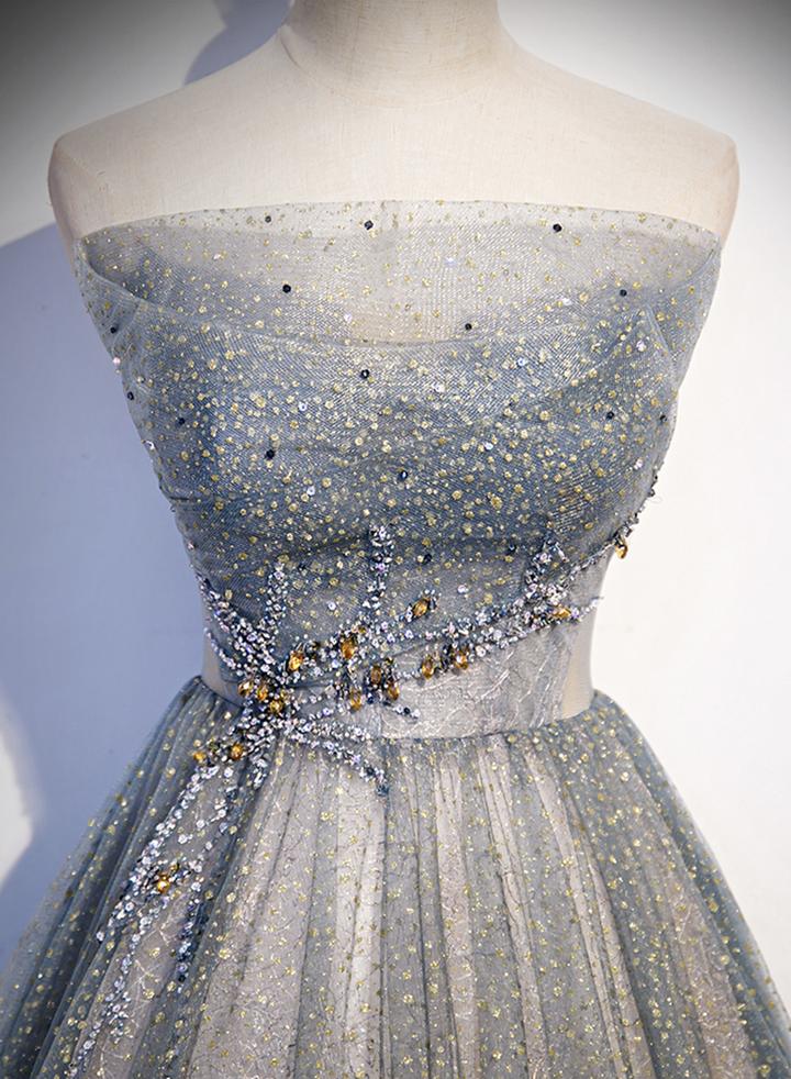 Robe de soirée longue en tulle gris avec perles M2258