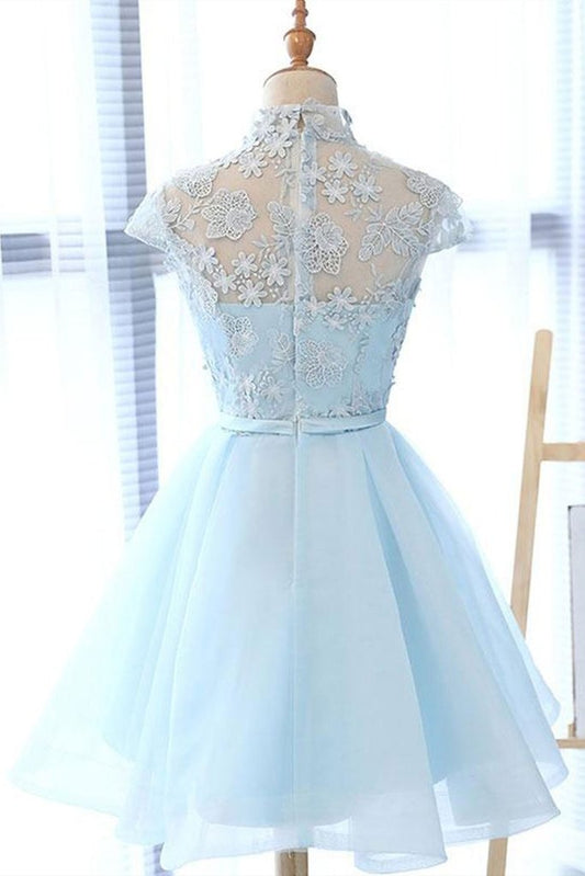 Robe de bal courte en dentelle bleue à col montant, robe de remise de diplôme courte en dentelle bleue M2482