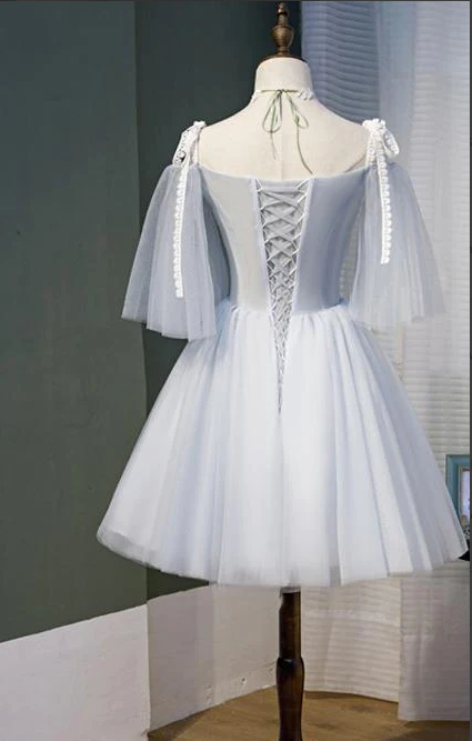 Short Silver Tulle Homecoming Dresses with Sleeves M6107
