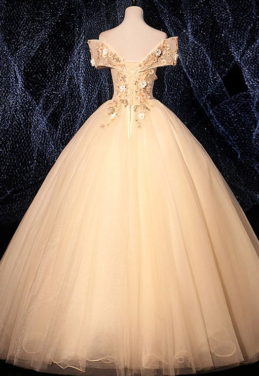 ROBE DE BAL LONGUE EN TULLE ET DENTELLE À COL EN V CHAMPAGNE ROBE DE SOIRÉE CHAMPAGNE M5644