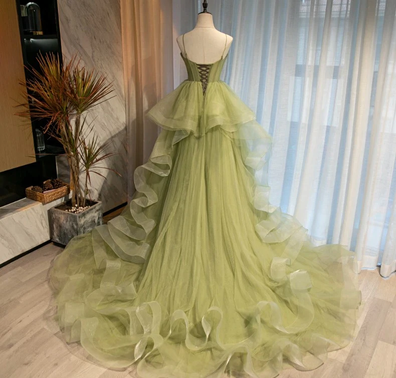Magnifique robe de soirée princesse vert clair à volants et décolleté en cœur, longue robe de soirée en tulle vert M5761
