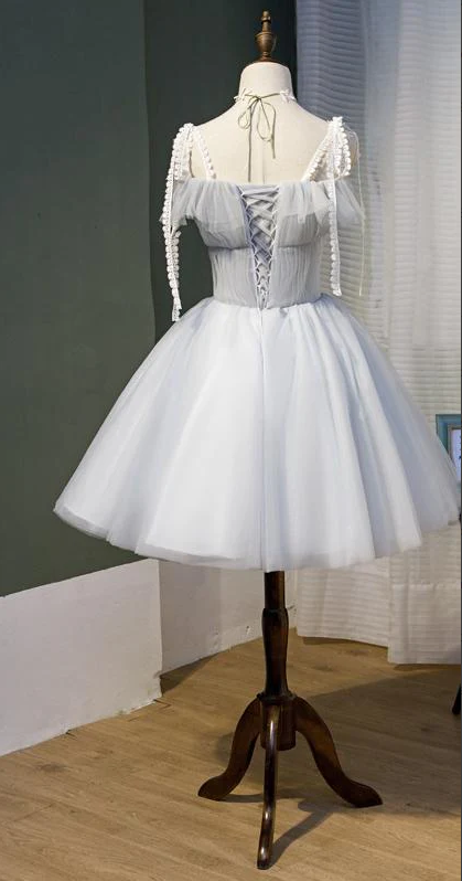 Short Silver Tulle Homecoming Dresses with Sleeves M6107