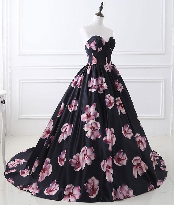 Black sweetheart neck satin long prom dress, black evening dress M4830