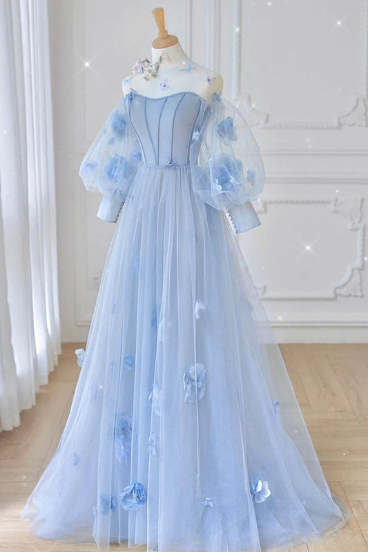 Robe de bal à manches longues en tulle bleu, robe de soirée bleue M5344