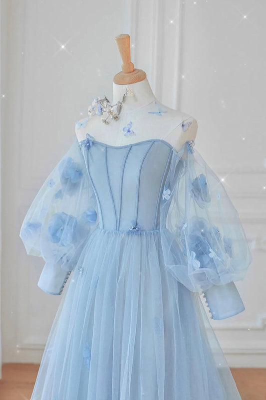 Robe de bal à manches longues en tulle bleu, robe de soirée bleue M5344