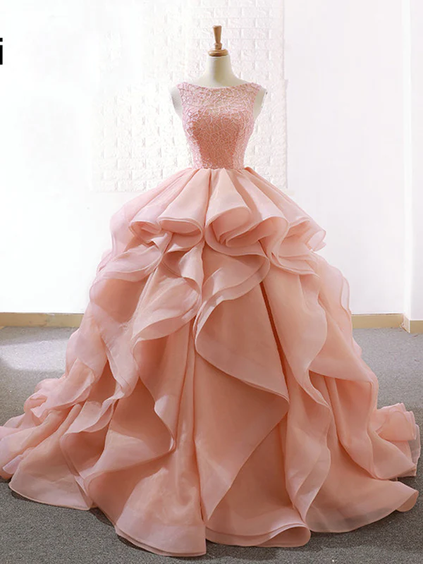 Ball Gown Ruffle Skirt Prom Dress Stunning Beaded Blush Open Back Prom Evening Dress M6013