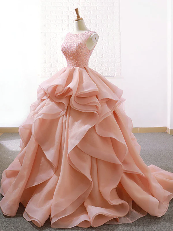 Ball Gown Ruffle Skirt Prom Dress Stunning Beaded Blush Open Back Prom Evening Dress M6013