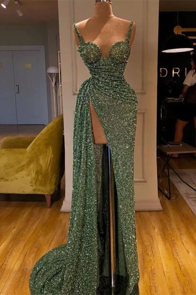 ROBE DE BAL SIRÈNE À PAILLETTES BRILLANTES SPAGHETTI-STARPS AVEC FENTE M5876
