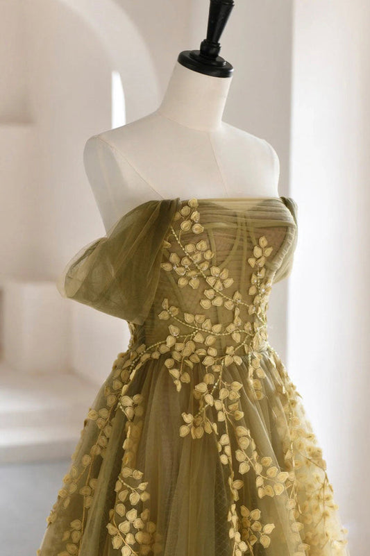Robe de soirée longue en tulle vert et dentelle, coupe trapèze, M5323