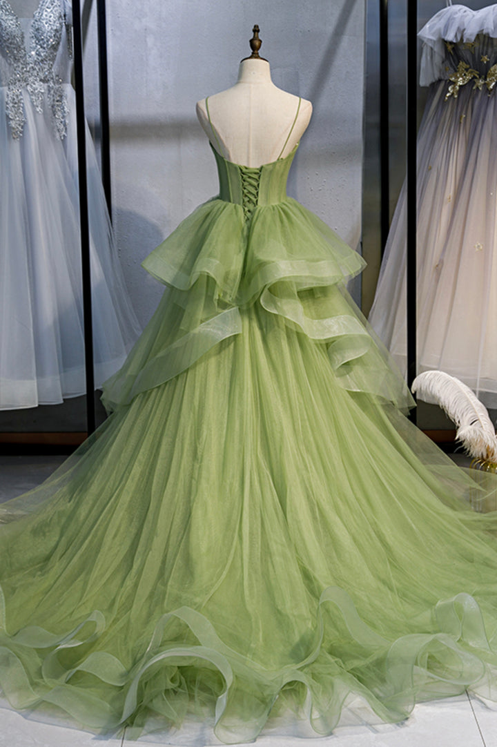 Green tulle long prom dress A line evening dress M5356