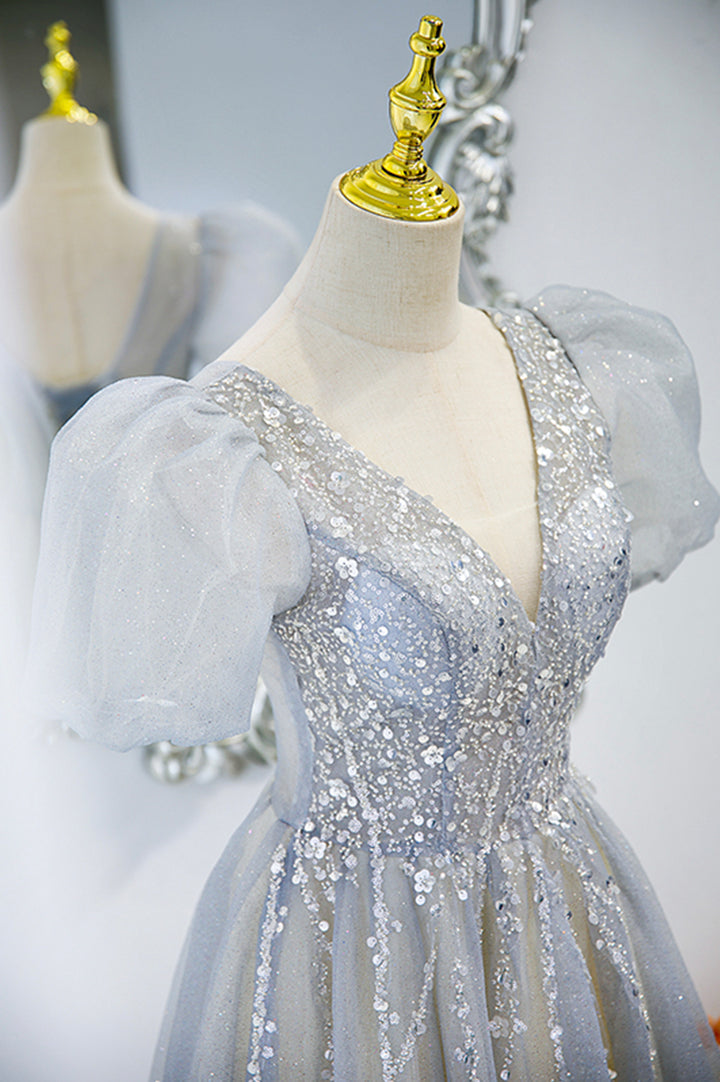 Robe de soirée longue en tulle gris avec perles M5311