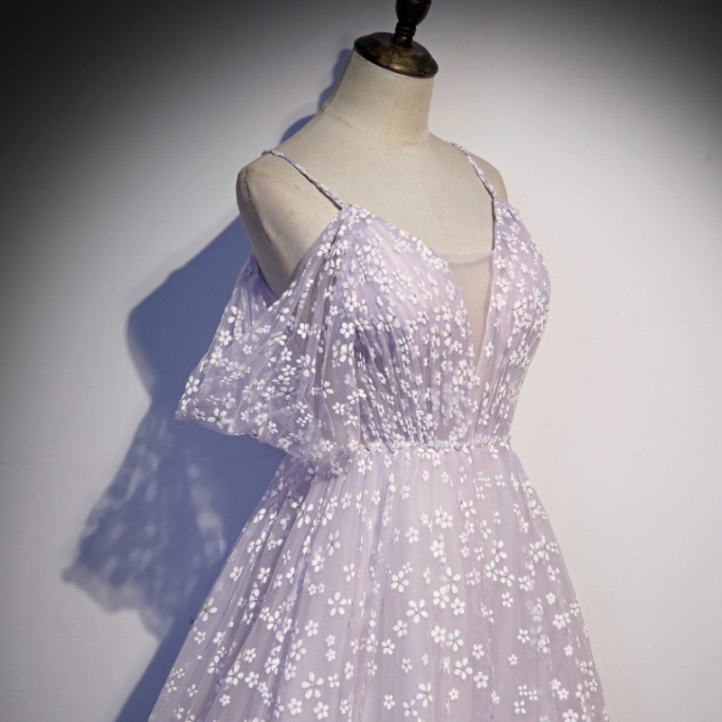 Princess Lilac Floral Prom Dress with Cold Sleeves M5514