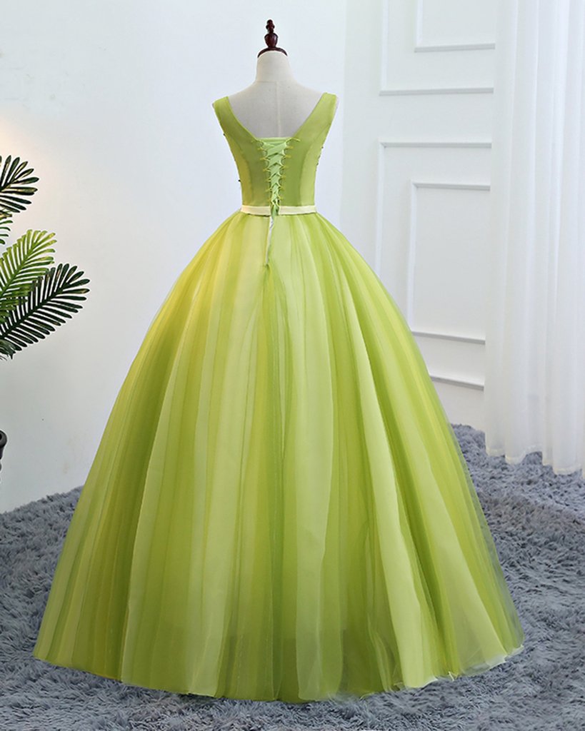 Fresh Green Tulle V Neck Long Lace Up Senior Prom Dress With Applique M5443