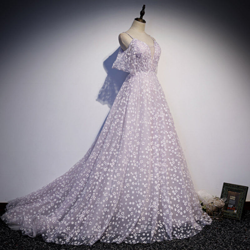 Princess Lilac Floral Prom Dress with Cold Sleeves M5514