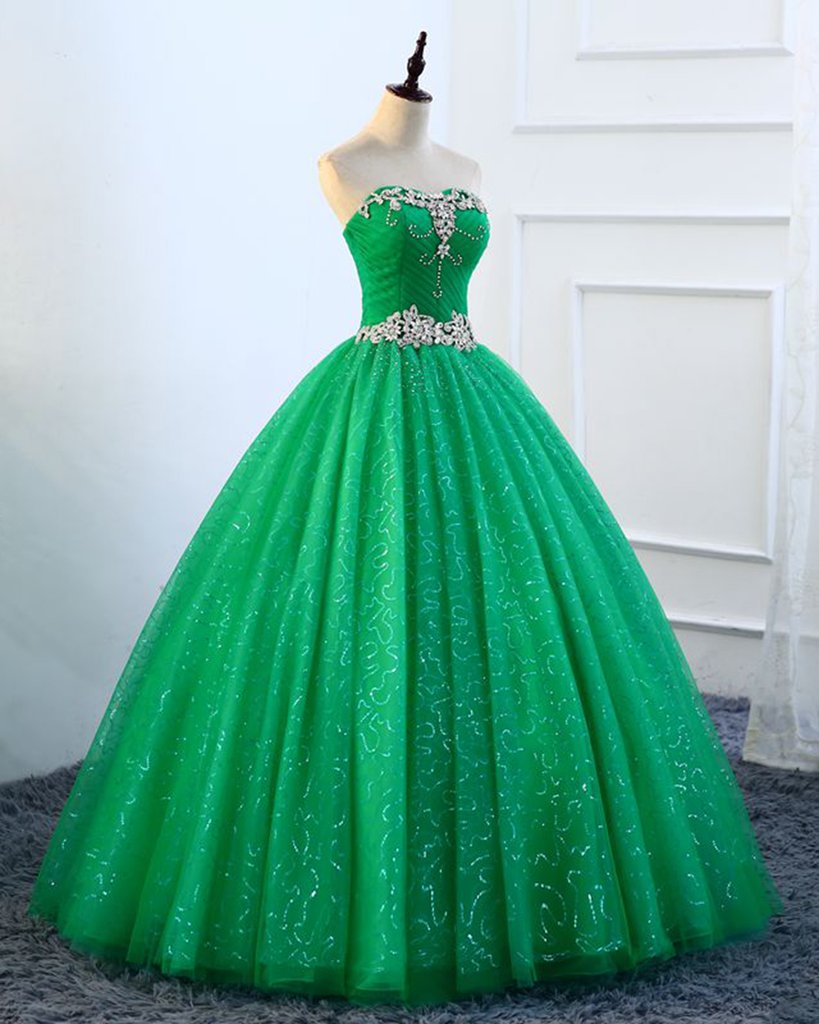 Strapless Green Sequins Tulle Long A Line Beaded Prom Dress, Formal Dress M5445