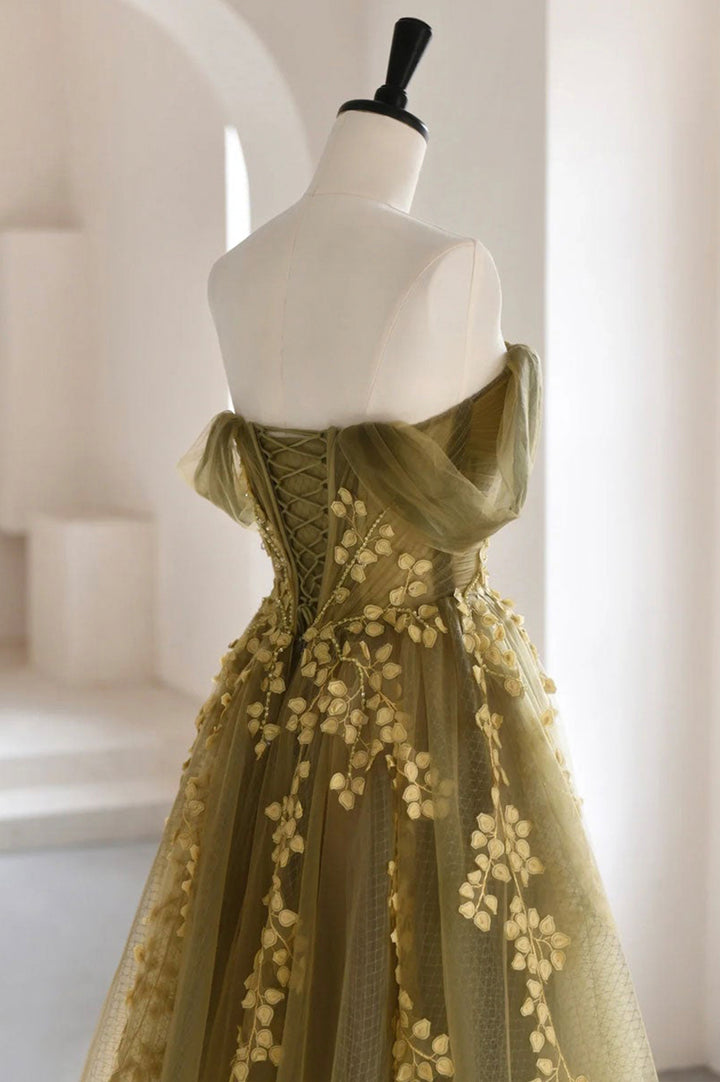 Robe de soirée longue en tulle vert et dentelle, coupe trapèze, M5323