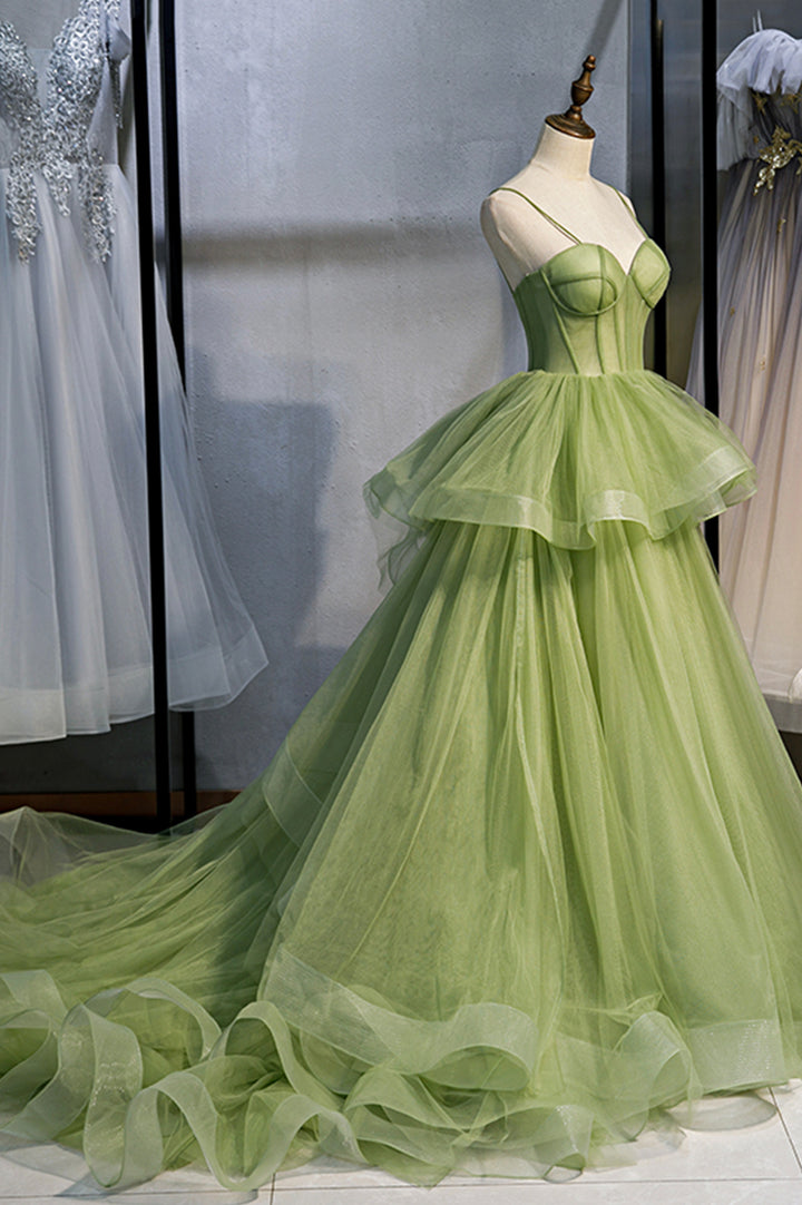 Green tulle long prom dress A line evening dress M5356