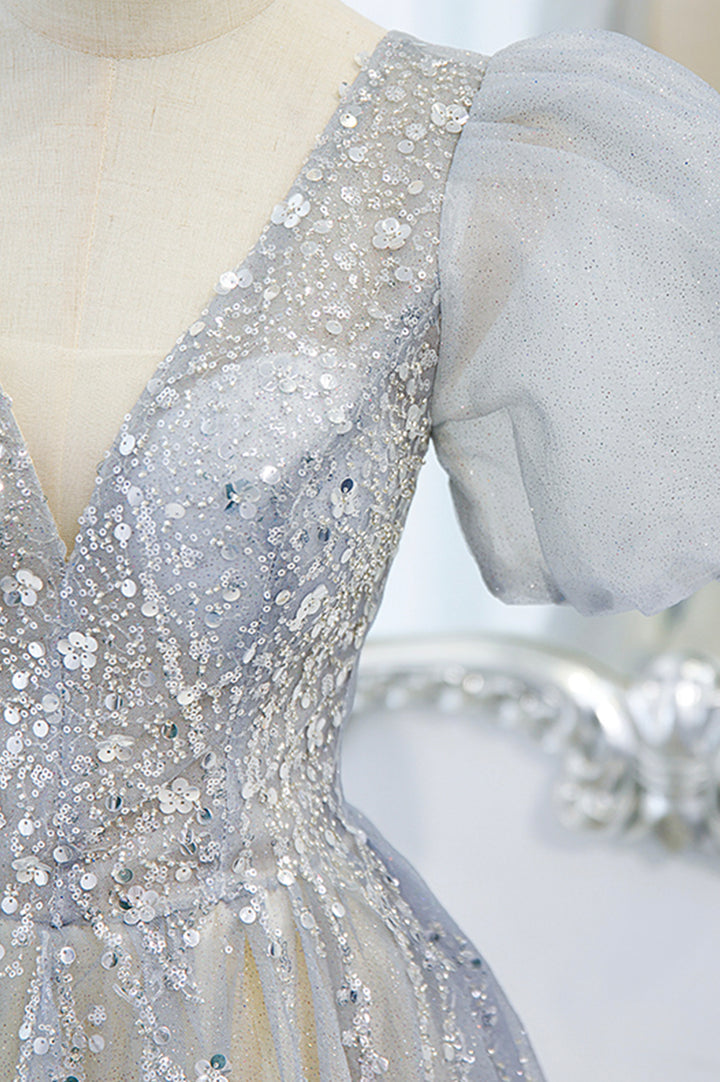 Robe de soirée longue en tulle gris avec perles M5311